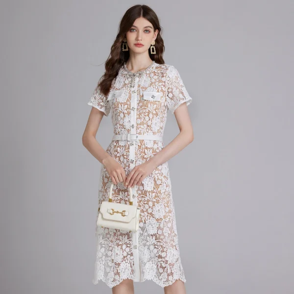 Luxury Pink Embroidery Lace Bodycon Midi Dress With Diamonds - Image 4