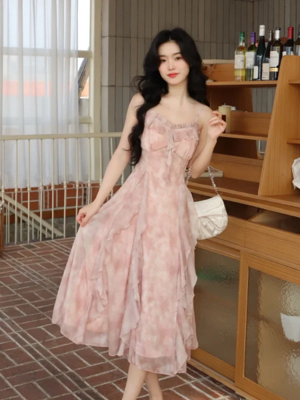 Casual Fairy Floral Strap Midi Dress Women Chiffon Sweet Summer - Image 4