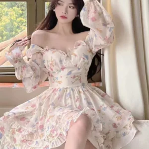Pure Desire Sweet Floral Slim Waist Dress Women 2025 Spring