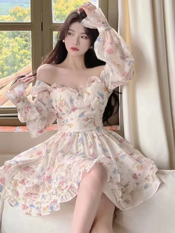 Pure Desire Sweet Floral Slim Waist Dress Women 2025 Spring