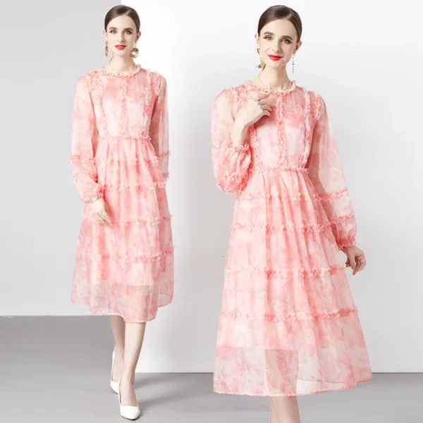 Pink Floral Dress: Elegant Autumn Chiffon Bohemian Maxi Dress - Image 2