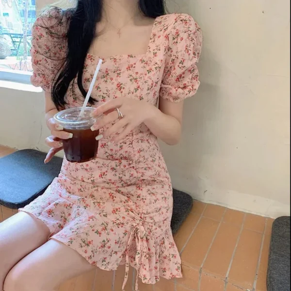 Summer Pink Floral Square Neck Casual Dress For Women Fashion - Image 2