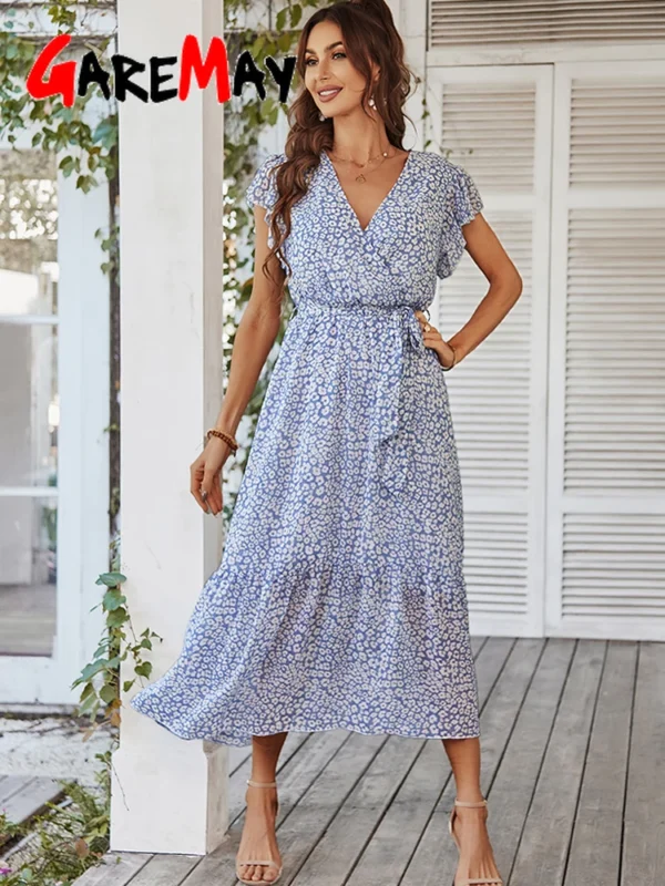 Elegant Pink Floral Chiffon Long Sleeve Midi Dress For Summer Casual Party Wear - Image 2