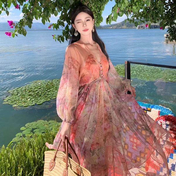 Bohemian Pink Floral V-Neck Dress For Spring Autumn Romantic Elegance - Image 5