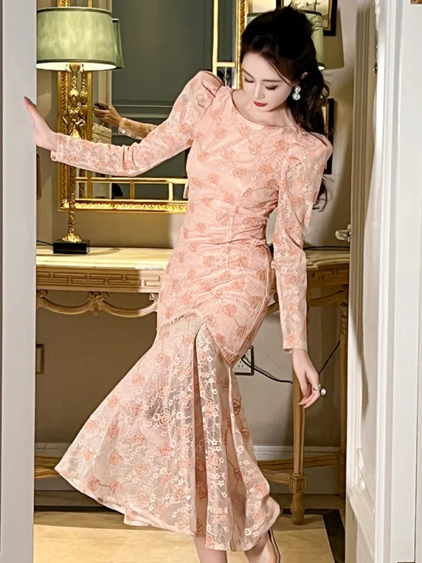 Sweet Pink Lace Puff Sleeve Mermaid Dress For Elegant Party Events - Image 6