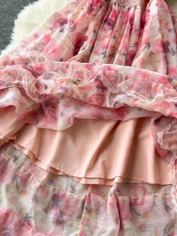 Summer Pink Mesh Printed Ruffle High Waist A-line Floral Dress - Image 3