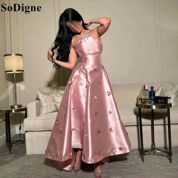 Pink Floral Dress: Satin Evening Gown with 3D Flowers