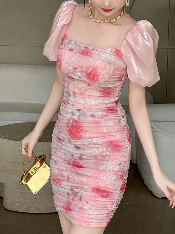 Summer Pink Mesh Floral Print Embroidery Puff Sleeve Party Dress - Image 6