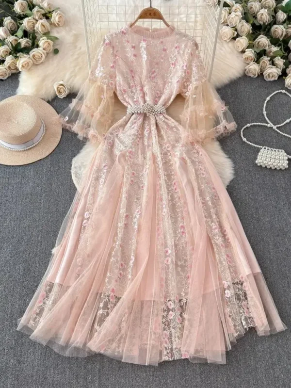 Evening Flower Embroidery Pink Lace Mesh Birthday Party Dress Women - Image 2