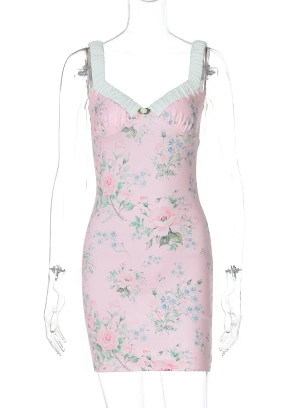 Pink floral dress, low cut V-neck, backless, slim A-line mini - Image 6