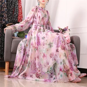 Summer Bohemian Floral Pink Sundress Beach Travel Long Dress