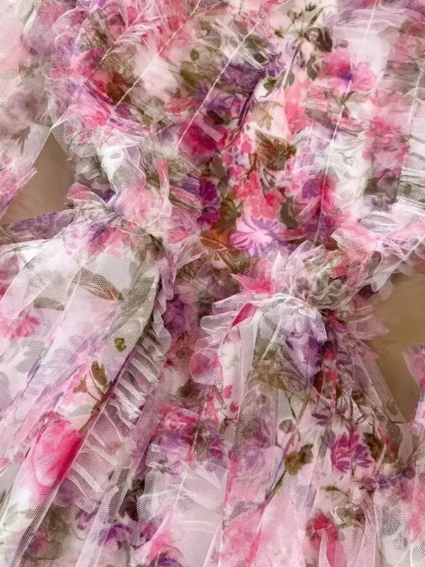 Fashion Gorgeous Pink Floral Print Ruffle Dress With Butterfly Sleeves - Image 4