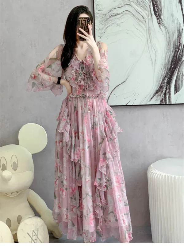 Pink Floral Dress Chiffon Ruffles Off Shoulder V Neck Party Elegant Gown - Image 4
