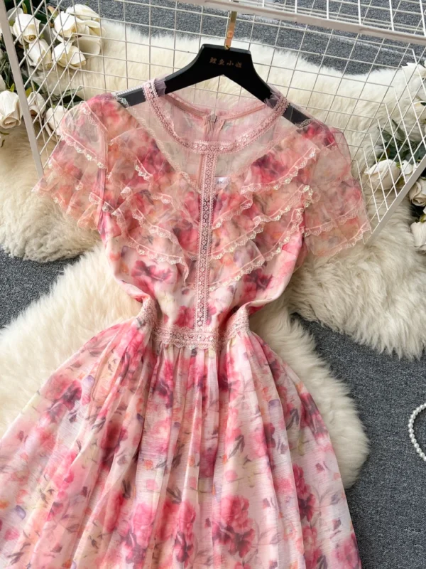 Summer Pink Mesh Printed Ruffle High Waist A-line Floral Dress - Image 2