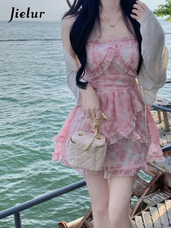 Jielur Summer Pink Floral Y2K Chiffon Mini Dress Women Party Dress - Image 4