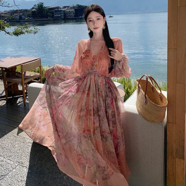 Bohemian Pink Floral V-Neck Dress For Spring Autumn Romantic Elegance - Image 6