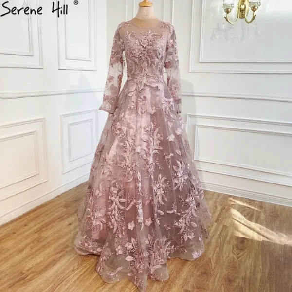 Pink Floral Dress: Muslim Long Sleeves A-Line Evening Gown - Image 4
