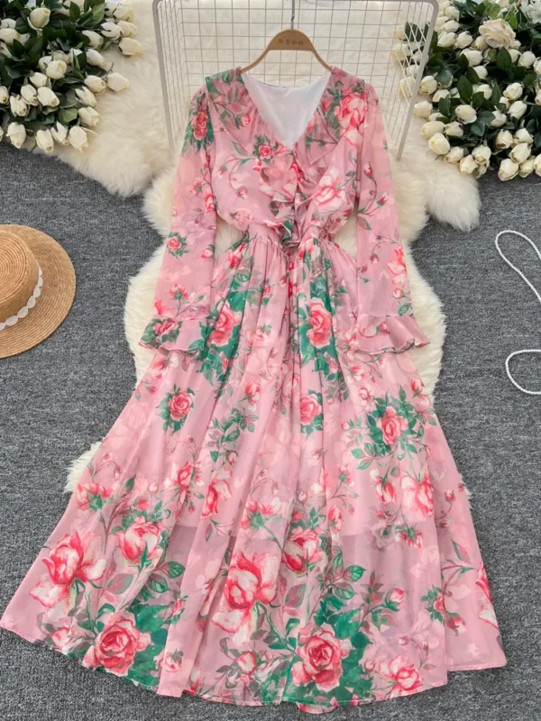 Spring Women’s Flower Printed V-Neck A-Line Long Dress With Flare Sleeves