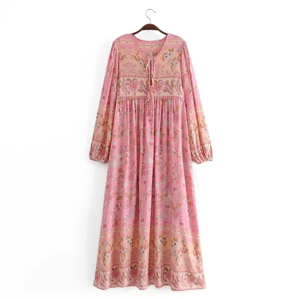 Happie Queens Ethnic Pink Floral Boho Maxi Dress With Tassels - Image 2