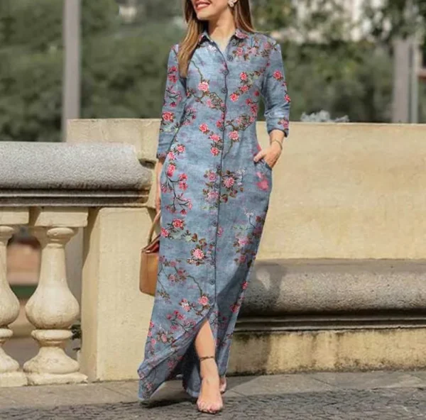 Pink Floral Vintage Long Sleeve Maxi Shirt Dress With Pockets Casual Wear - Image 2