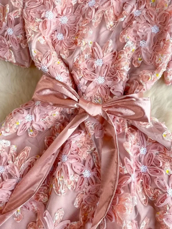 Pink Floral Dress Elegant Sequined Mesh Short Sleeve Party Prom Gown - Image 5