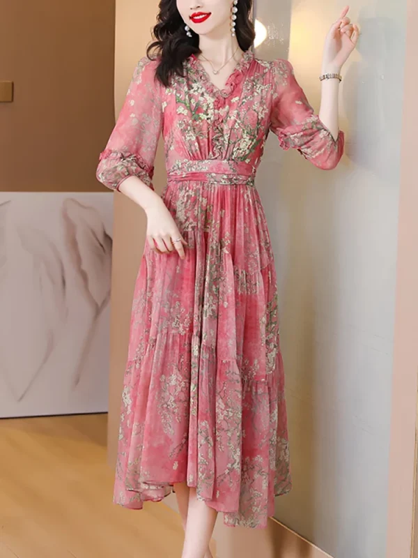 Pink Floral Dress Silk Long For Spring Summer Beach Holiday Party - Image 3