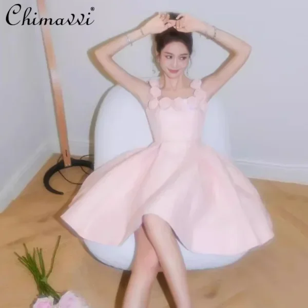 French Pink 3D Flower Diamond A-Line Dress For Evening Parties