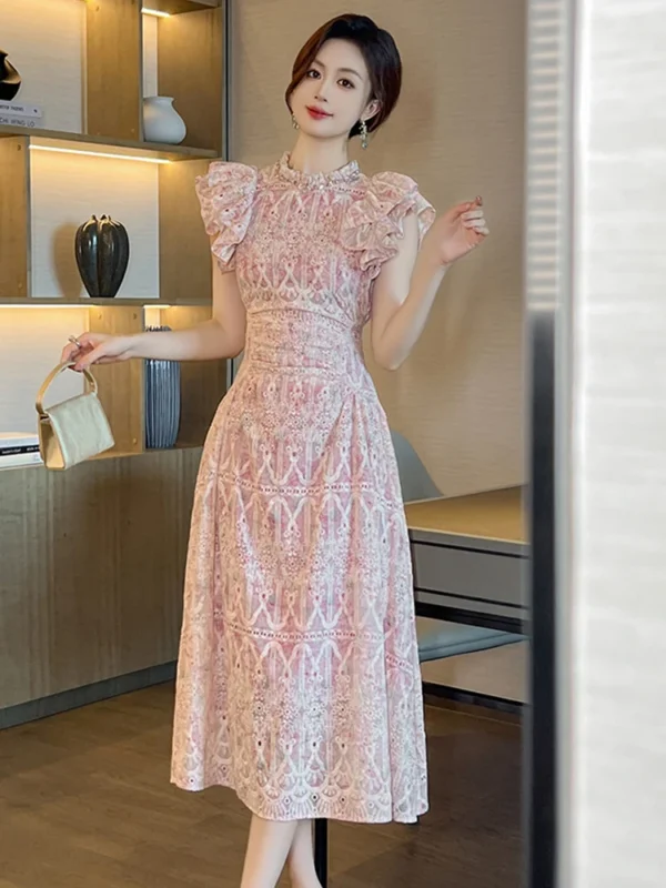 Elegant Pink Hollow Floral Ruffle Pleated Ceremonial Dress For Party Date - Image 2
