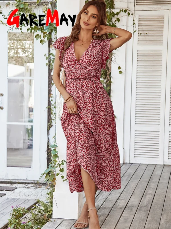 Elegant Pink Floral Chiffon Long Sleeve Midi Dress For Summer Casual Party Wear - Image 5