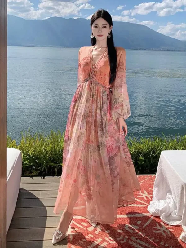 Bohemian Pink Floral V-Neck Dress For Spring Autumn Romantic Elegance - Image 2