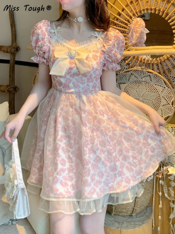Lace Lolita Print Pink Bow Floral Y2K Sweet Party Mini Dress Women - Image 6