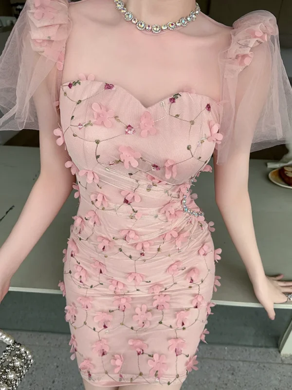 Pink Floral Dress Luxury Sexy Evening Gown Sheer Diamonds Elegant - Image 6