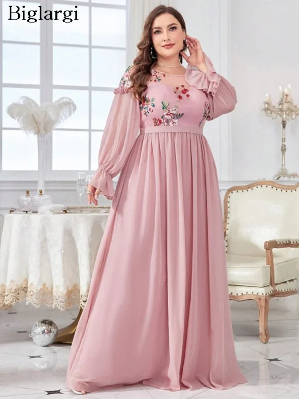 Pink Floral Dress Mesh Patchwork Ruffle Pleated Loose Autumn Fashion Wear