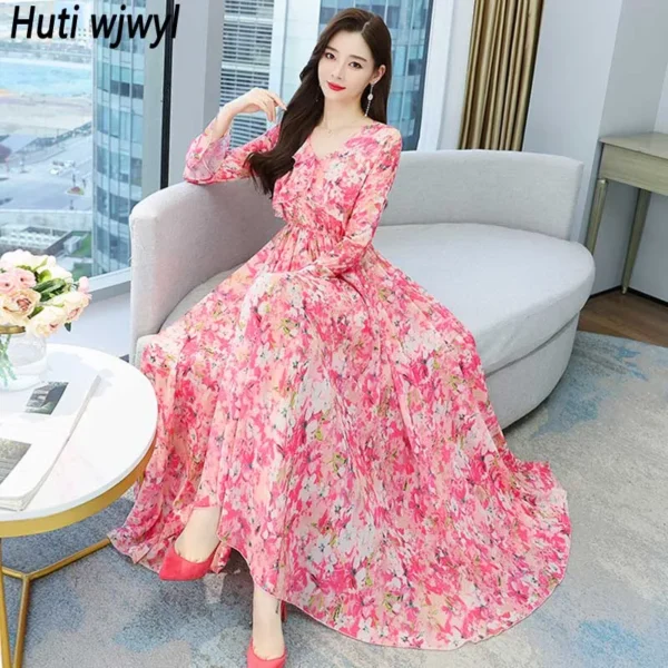 Elegant pink floral dress, boho ruffled maxi for spring and autumn