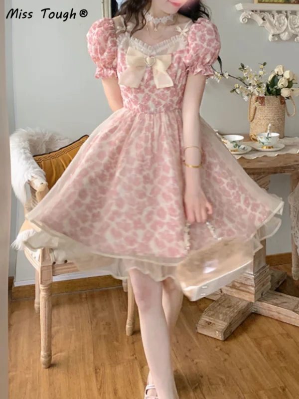 Lace Lolita Print Pink Bow Floral Y2K Sweet Party Mini Dress Women - Image 2