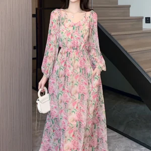 Spring Autumn Pink Floral Chiffon Casual Beach Long Dress Women