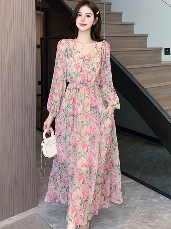 Spring Autumn Pink Floral Chiffon Casual Beach Long Dress Women