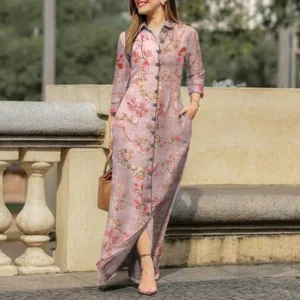 Pink Floral Vintage Long Sleeve Maxi Shirt Dress With Pockets Casual Wear
