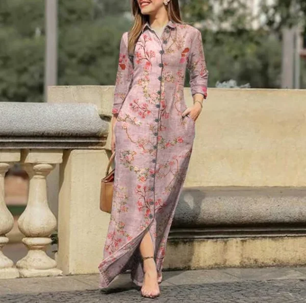 Pink Floral Vintage Long Sleeve Maxi Shirt Dress With Pockets Casual Wear