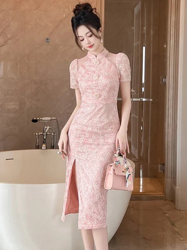 Pink Floral Dress: Elegant Qipao Cheongsam with High Waist Split - Image 5