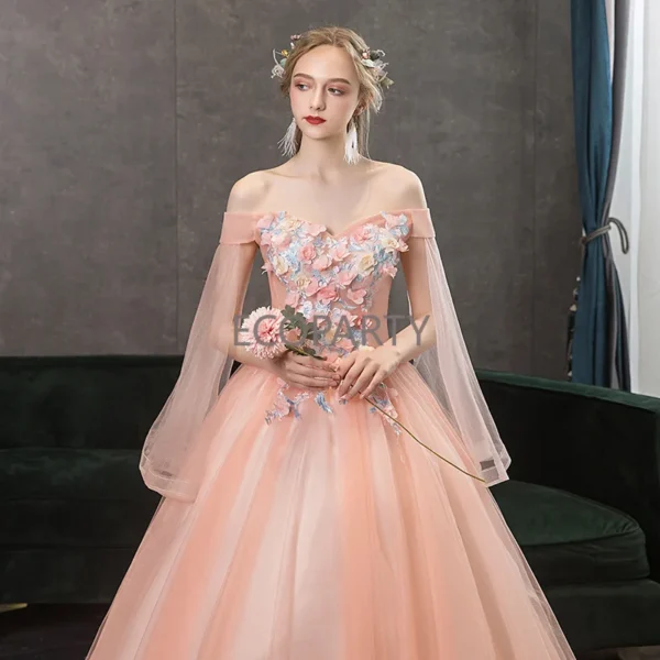 Fashion Photographic Studio Pink Mesh Applique Evening Wedding Dress - Image 4