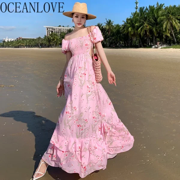 Oceanlove Pink Puff Sleeve Floral Beach Style Bohemia Dress Summer - Image 2