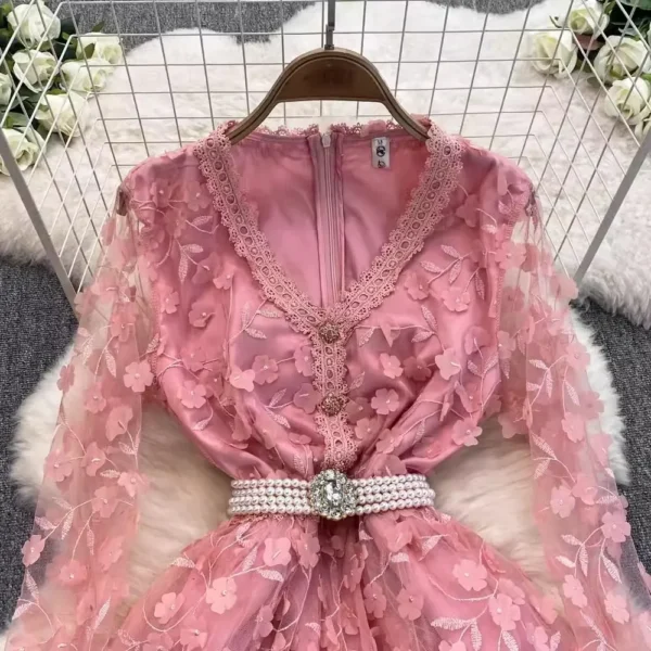 Elegant pink floral dress with 3D beading, mesh, and embroidery - Image 2