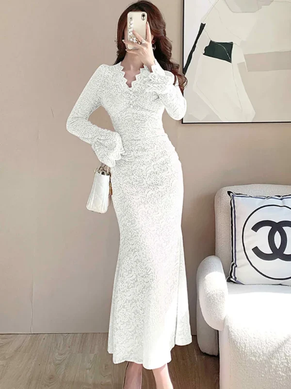 Pink Floral Dress Lace Hollow Bodycon Party Elegant Winter Fashion Vestidos - Image 5