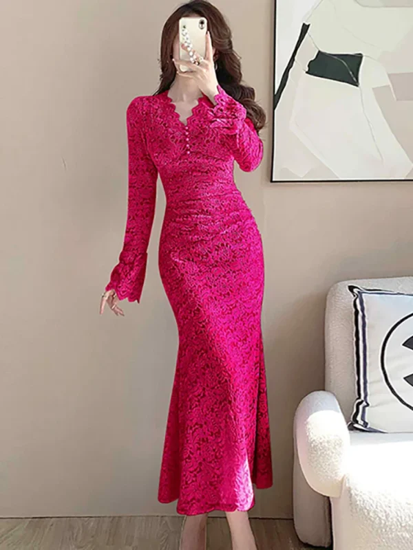 Pink Floral Dress Lace Hollow Bodycon Party Elegant Winter Fashion Vestidos - Image 4