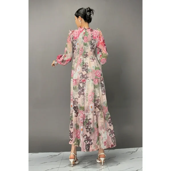 Pink Floral Printed Long Sleeve Lace Collar Casual Swing Dress - Image 6