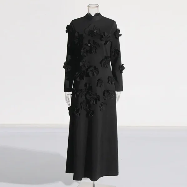 Elegant Pink Floral Polo Neck Long Dress Autumn European Style - Image 2