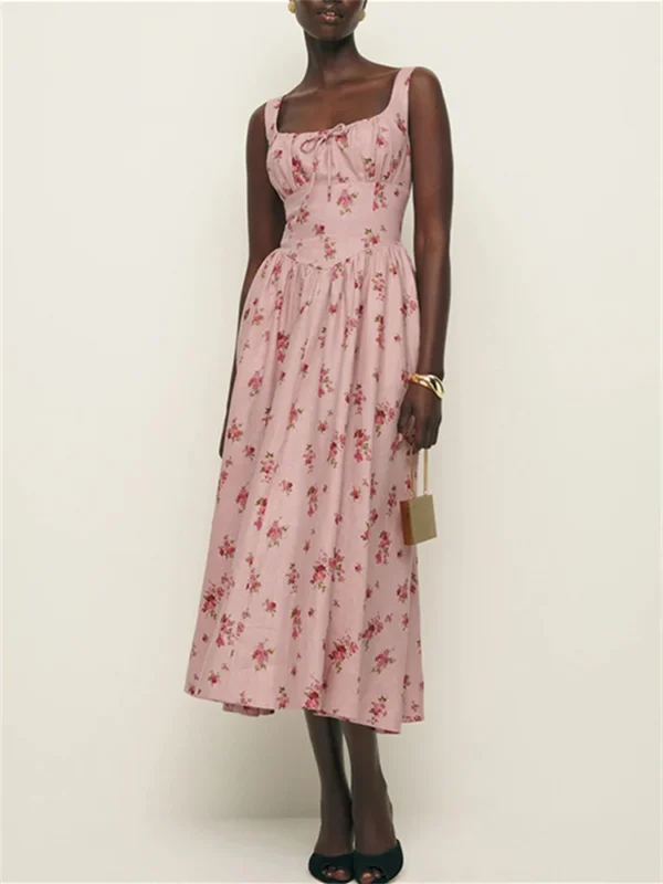 Women Pink Floral Print Sleeveless Slim Summer Linen Vacation Dress