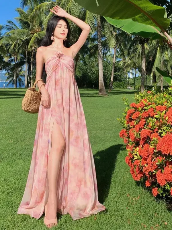 Pink Floral Halter Off Shoulder High Split Fairy Long Party Dress