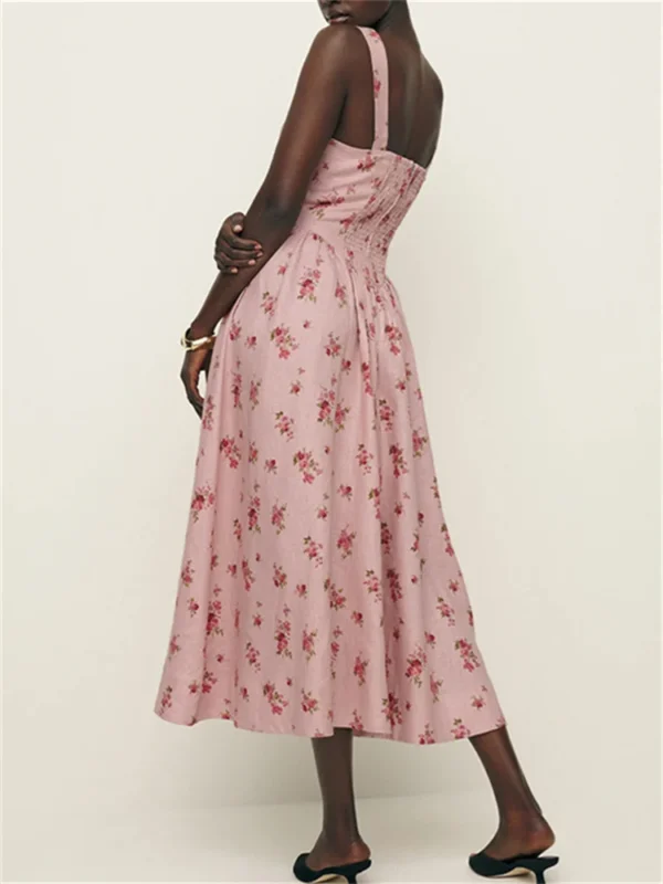 Women Pink Floral Print Sleeveless Slim Summer Linen Vacation Dress - Image 4